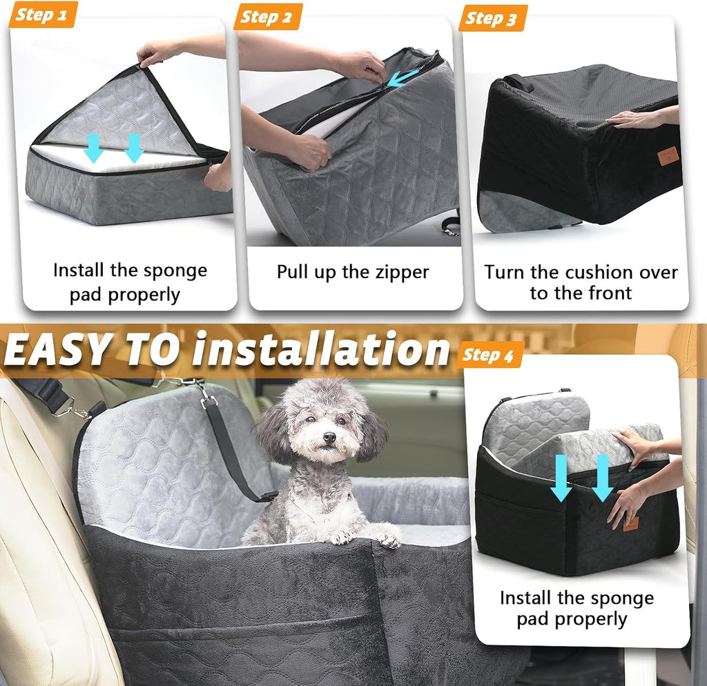 Dog/Cat Car Seat Pet Booster Seat for Dogs/Cats up to 30 lbs | Suitable for Small/Medium Pet Memory Foam with Detachable Washable Cover Travel-Safe Car Bed with Safety Belt/Storage Pocket