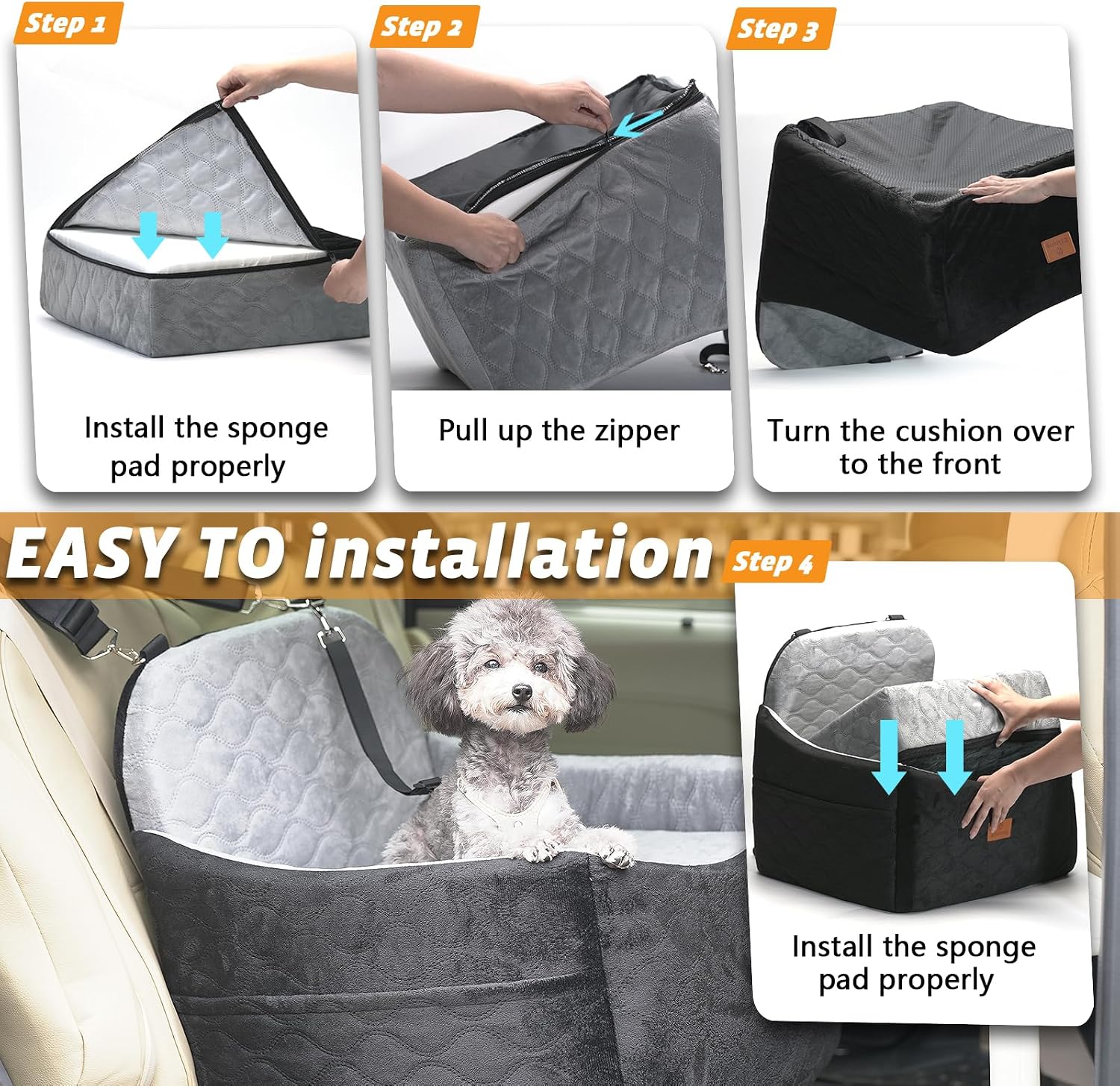Dog/Cat Car Seat Pet Booster Seat for Dogs/Cats up to 30 lbs | Suitable for Small/Medium Pet Memory Foam with Detachable Washable Cover Travel-Safe Car Bed with Safety Belt/Storage Pocket