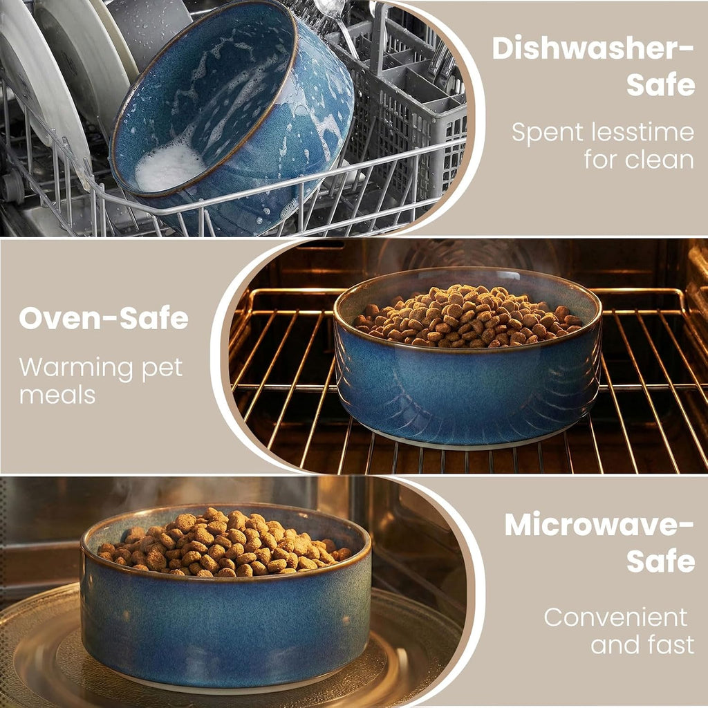 hjn Elevated Ceramic Dog Bowl with Bamboo Stand, Raised Pet Feeding Station for Small Medium Dogs Cats, Modern Design with Anti-Slip Base (Deep Blue, 3.6Cup)
