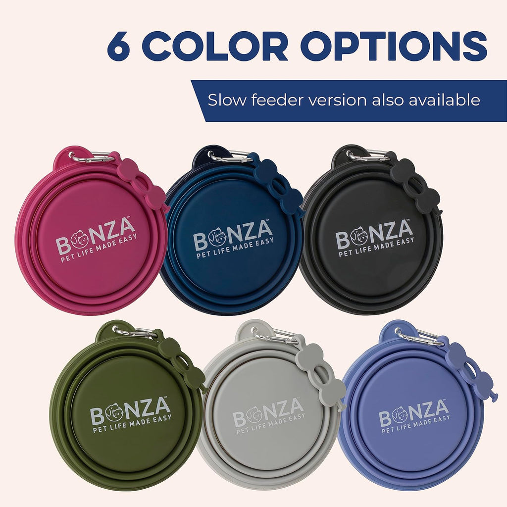 Bonza Collapsible Dog Water Bowl - BPA-Free Silicone Dog Dish - Reinforced Rim Collapsible Bowl - Carabiner Clip Travel Dishes for Pets - for Hiking, Camping & Car Trips - Large 33 Oz, Navy Blue