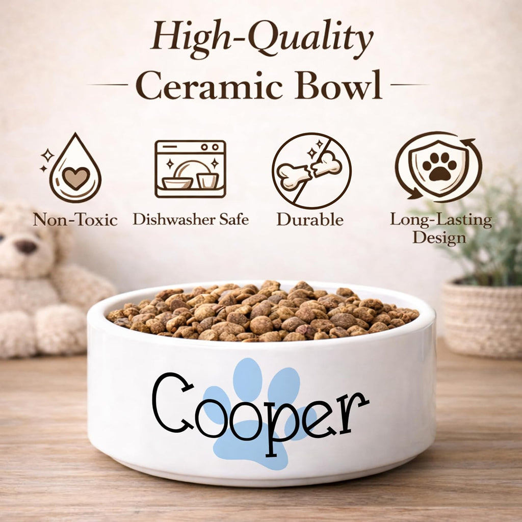 Custom Dog Bowl | Personalized Food & Water Dish with Name | Microwave & Dishwasher Safe Ceramic Pet Feeding Bowl | Gift Idea for New Puppy Owners | White – Small