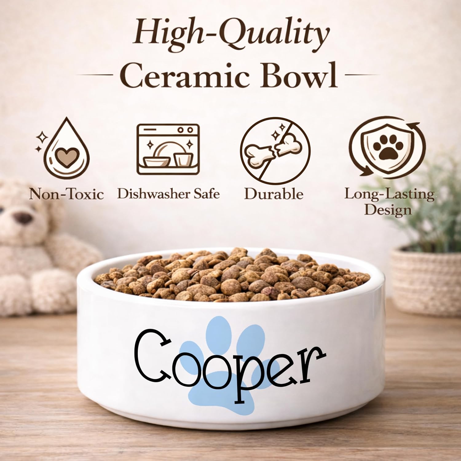 Custom Dog Bowl | Personalized Food & Water Dish with Name | Microwave & Dishwasher Safe Ceramic Pet Feeding Bowl | Gift Idea for New Puppy Owners | White – Small