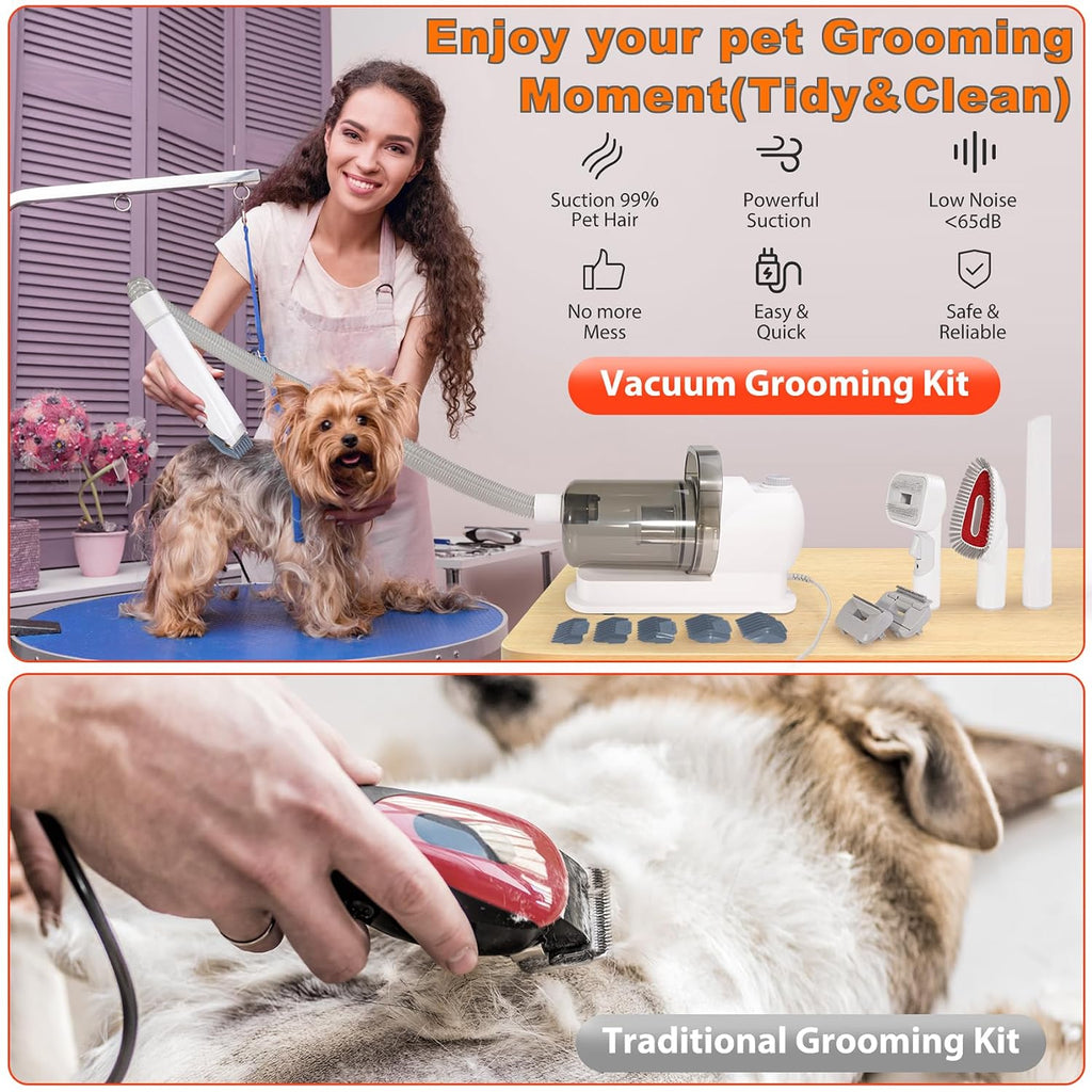 Dog Grooming Vacuum Kit & Pet Clipper - 6-in-1 Shedding Brush with 99% Hair Suction, 6 Grooming Combs Included
