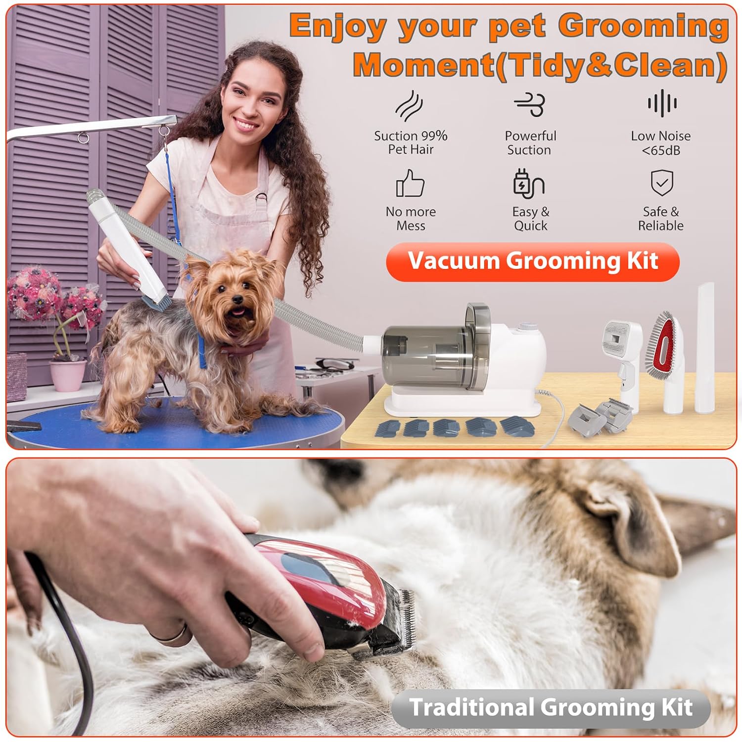 Dog Grooming Vacuum Kit & Pet Clipper - 6-in-1 Shedding Brush with 99% Hair Suction, 6 Grooming Combs Included
