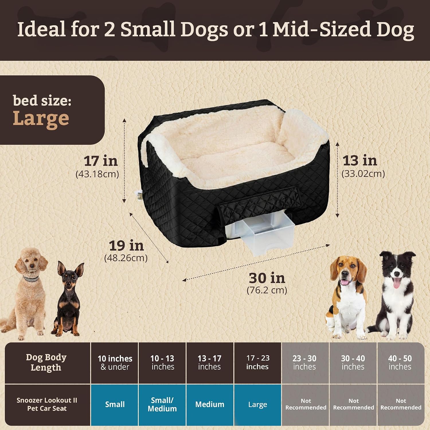 Snoozer Dog Car Seat for Dogs up to 34lbs, Lookout II, Black Quilted (L) | Dog booster car seat, Helps alleviate travel sickness & fear, Storage tray, Removable washable cover, Great for 2 small pets