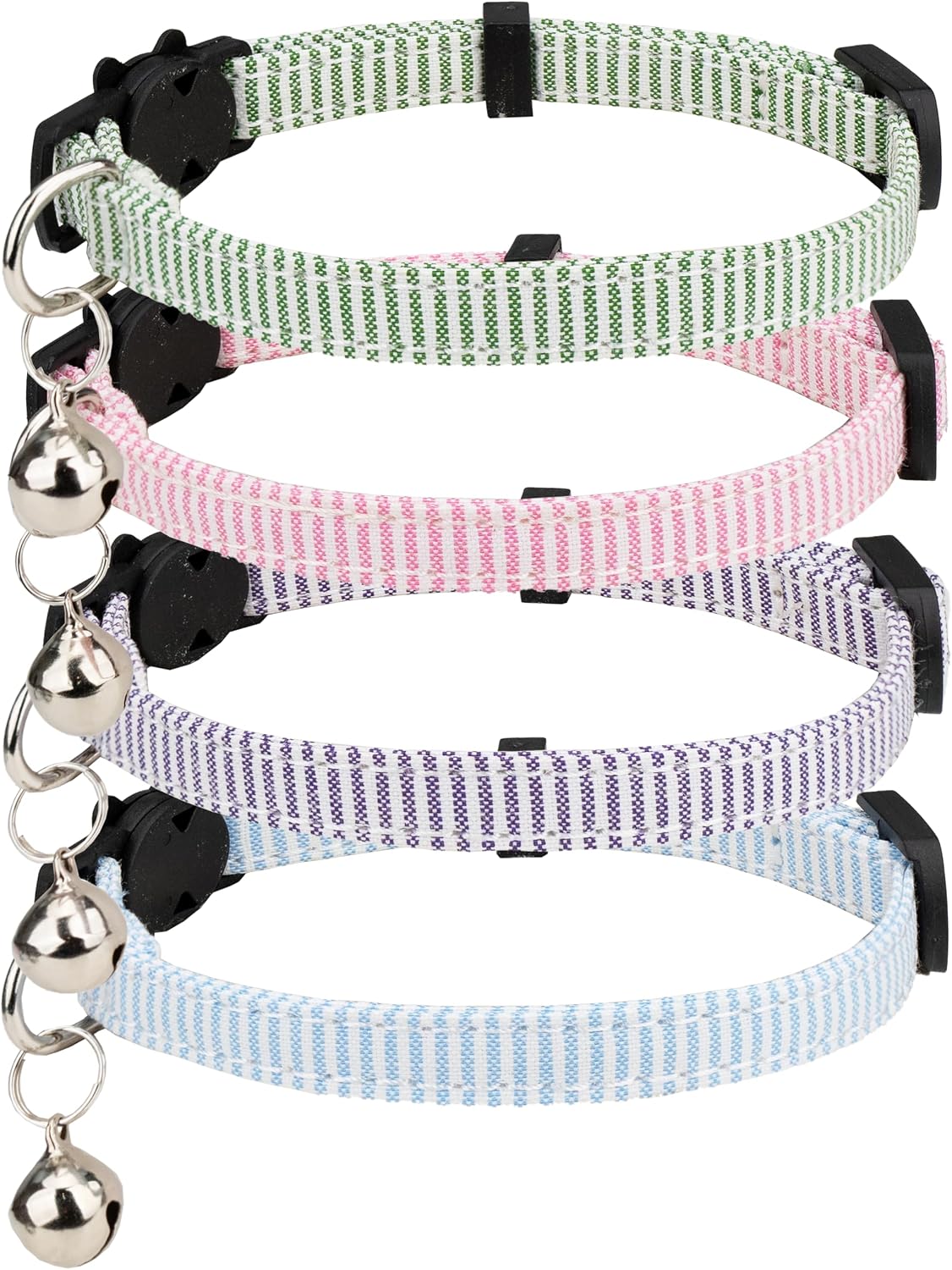 Cat Collar 4pcs Set Safety Breakaway with Bell Kitten 7-11" Multi Pack Cute Girl Boy Pet Basic Adjustable [4pcs] Pinstripe