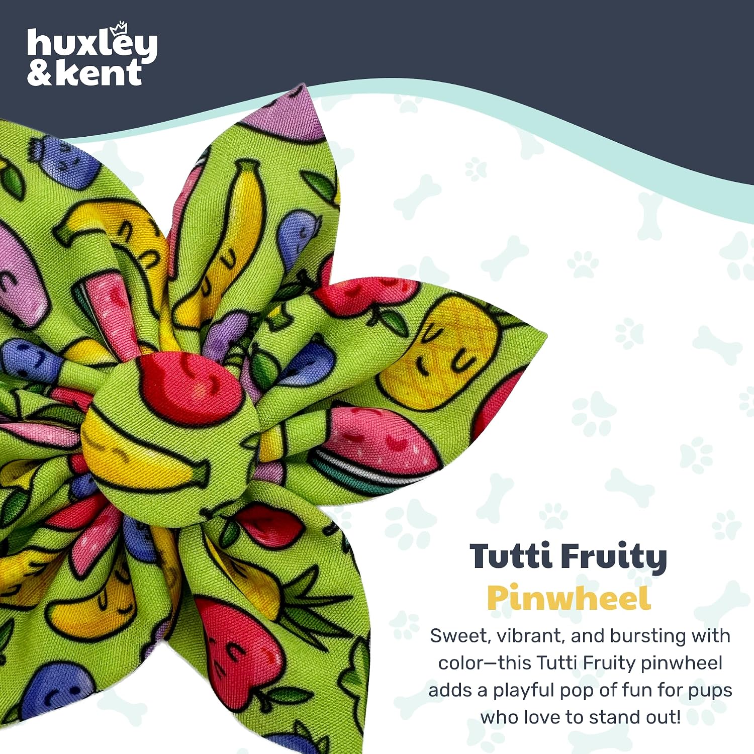 Huxley & Kent Pinwheel Collar Bow for Dogs & Cats, Tutti Fruity, Small | Clips to Any Collar with Hook & Loop, Soft, Lightweight, Machine Washable, Great for Holidays, Photos & Gifting