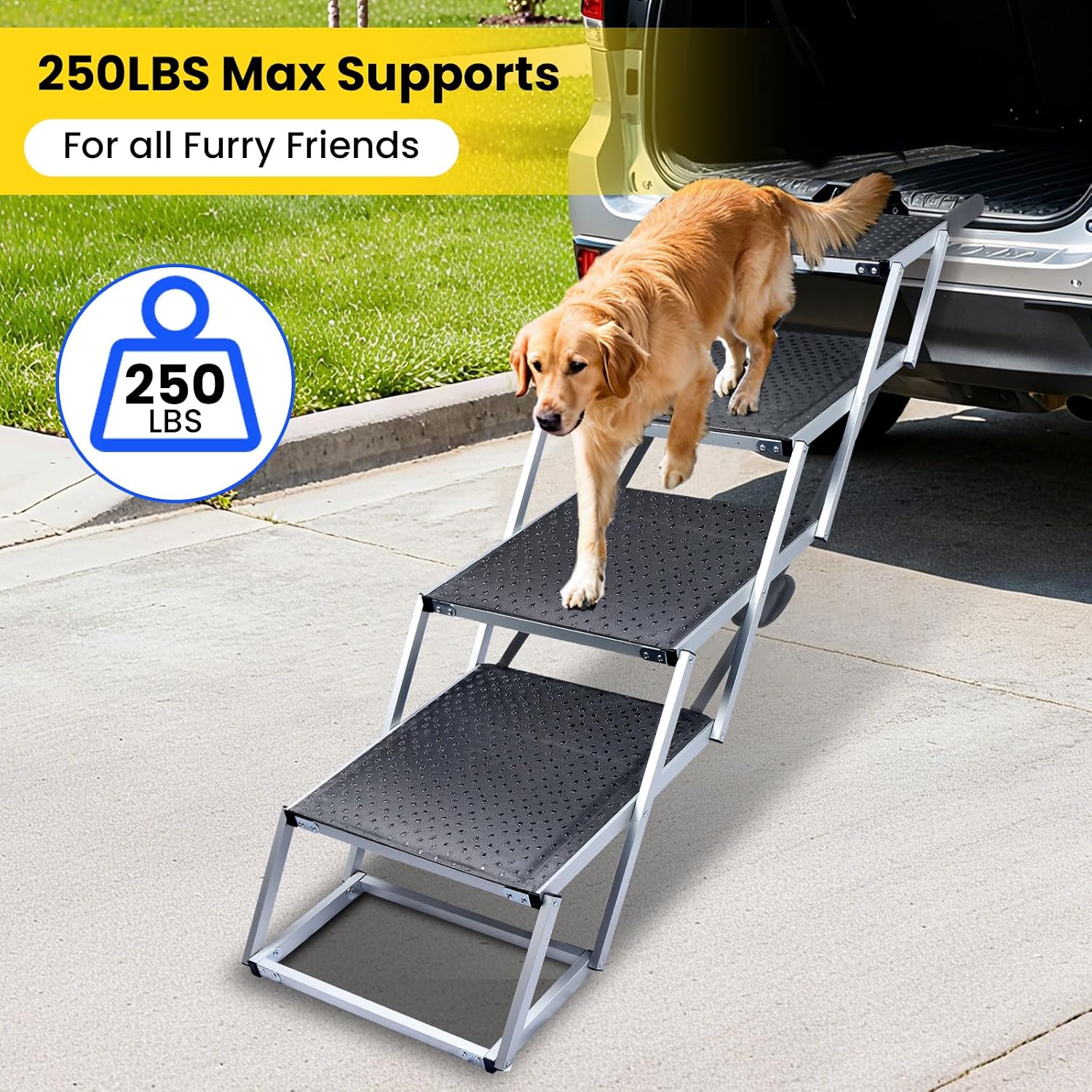 Dog Stairs for Large Dogs, Extra Wide Dog Ramp for Car with Non-Slip Surface, Folding Dog Car Ramp for SUV & Car, Outdoor, Supports up to 250 lbs, 4 Steps