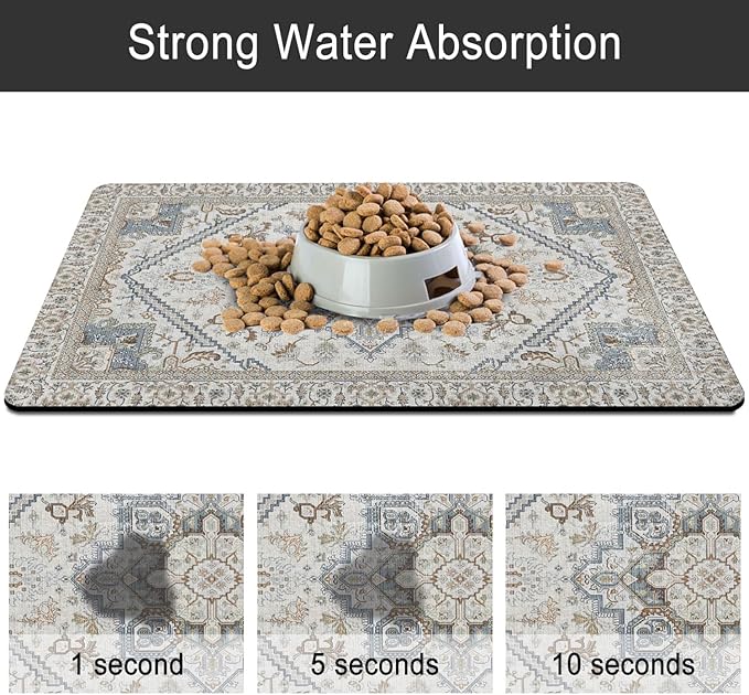 Dog Food Mats for Floors, Absorbent and Quick-Drying Pet Cat Food Mat,Anti-Fouling and Easy-to-Clean Pet Feeding Mat,Dog Bowl Mat for Messy Drinking Water Bowls.17 x32, Bohemia Style
