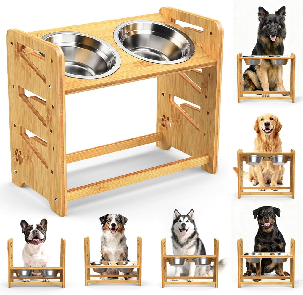 Elevated Dog Bowls, Adjustable Raised Dog Bowl Stand for Large and Medium Pet, 15" High Bamboo Pet Food Feeder with 2 Stainless Steel Dishes（6 Heights）