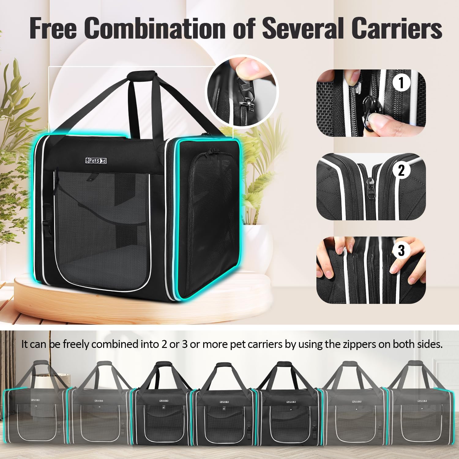Combinable Pet Car Travel Carrier for a Large Cat/Medium Dog | 18"Lx17"Wx17"H, Small Pet Soft Carriers, Food Bag & Bowl Included, Lockable Safety Zippers, For Car Travel, Vet, Camping