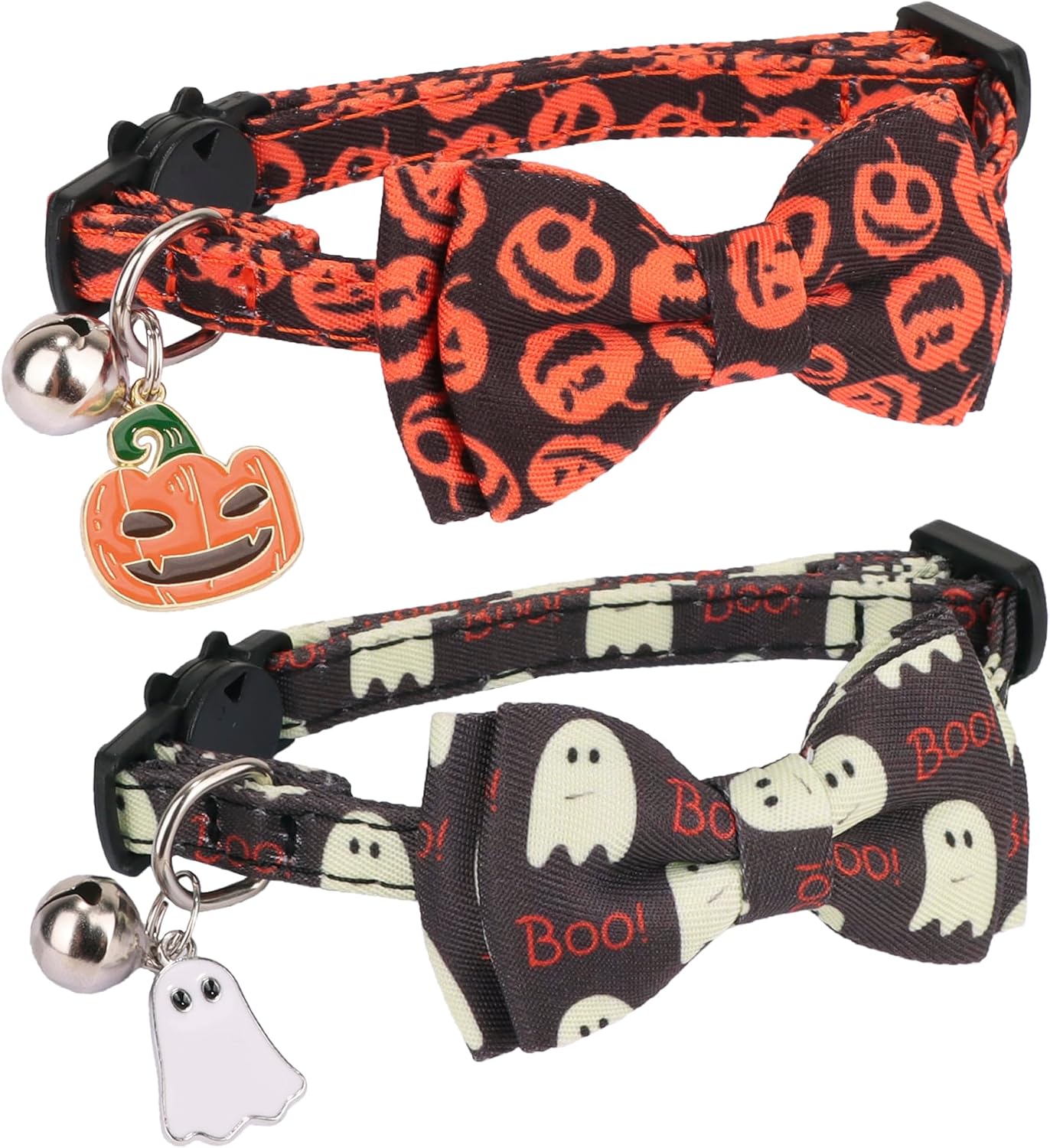 Halloween Cat Collar Breakaway, Pumpkin Ghost Cat Bowtie Collar | Detachable Bowtie Bell, Cute Charm, Adjustable Halloween Collar for Cat Kitten, For Halloween Parties and Photos