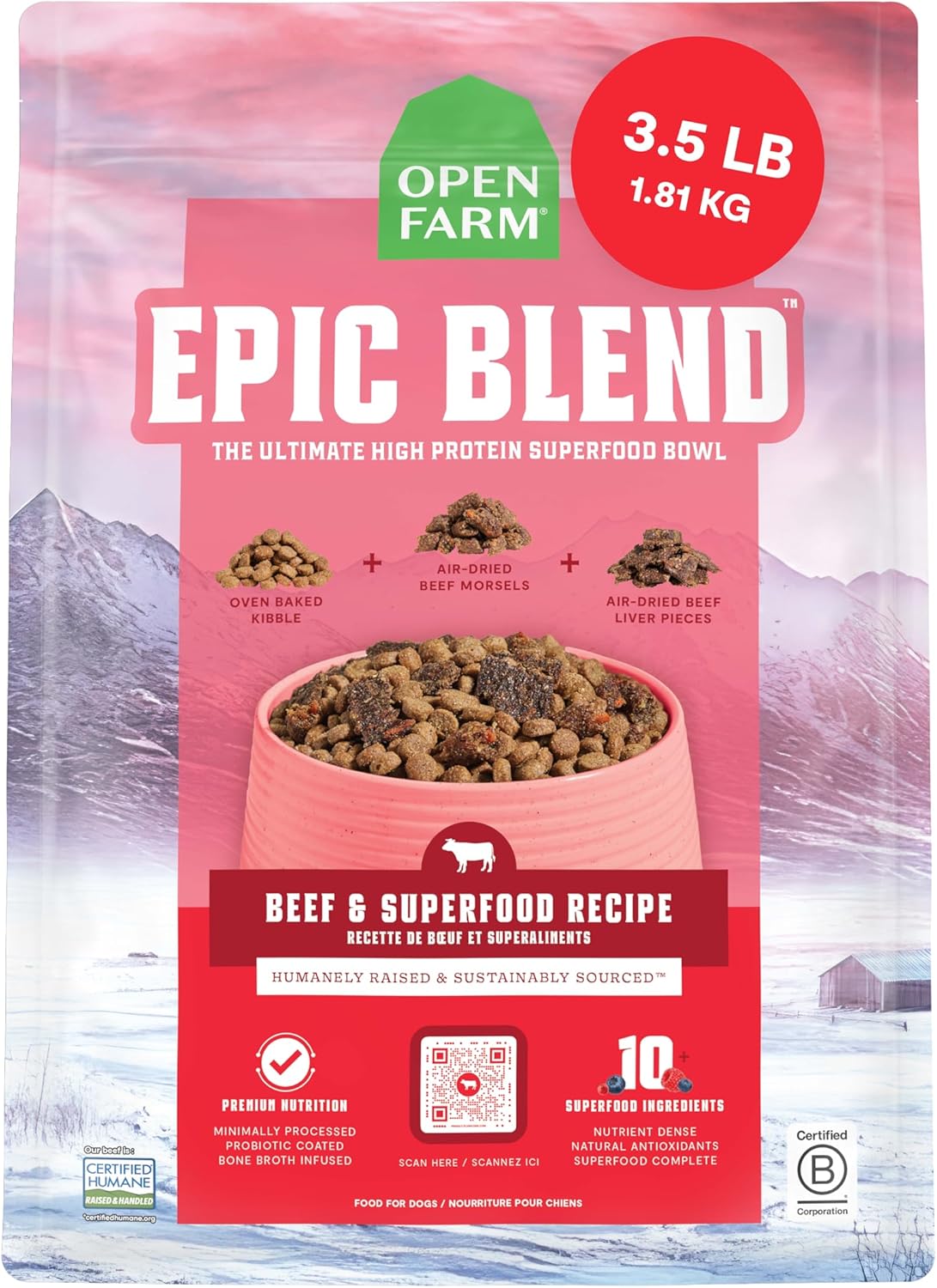Open Farm Epic Blend Dry Dog Food, High Protein Beef Kibble, 3.5lb Bag | Air Dried Chunks, Probiotic Coated, Grain Inclusive, All Breeds and Life Stages, Traceable Ingredients, Non-GMO Superfoods.