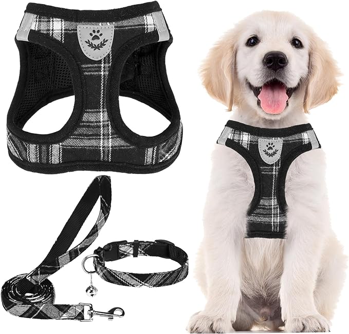 PUPTECK Adjustable Dog Harness Collar and Leash Set Step in No Pull Pet Harness for Small Medium Dogs Puppy and Cats Outdoor Walking Running, Soft Mesh Padded Reflective Vest Harnesses, Black L