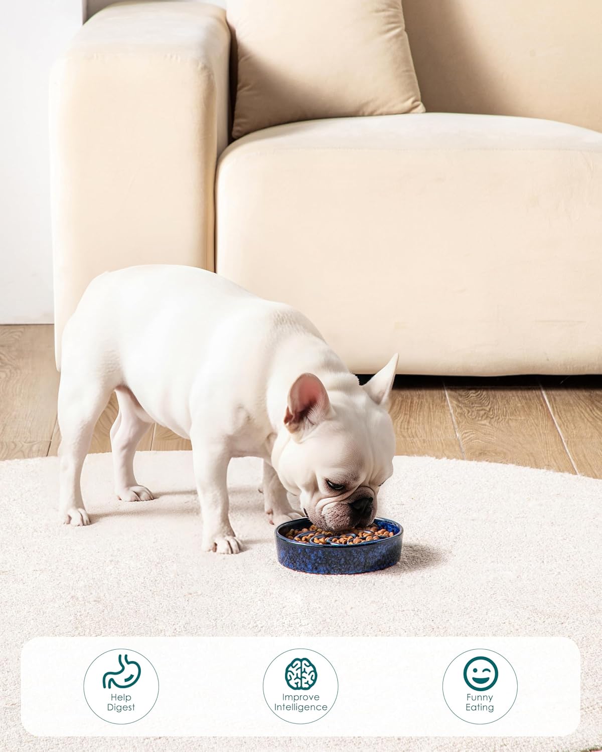 vancasso Slow Feeder Dog Bowl, 0.6 Cup Ceramic Slow Feeding Food Dish for Small Breed, Puzzle Dog Food Bowl for Fast Eater, Blue