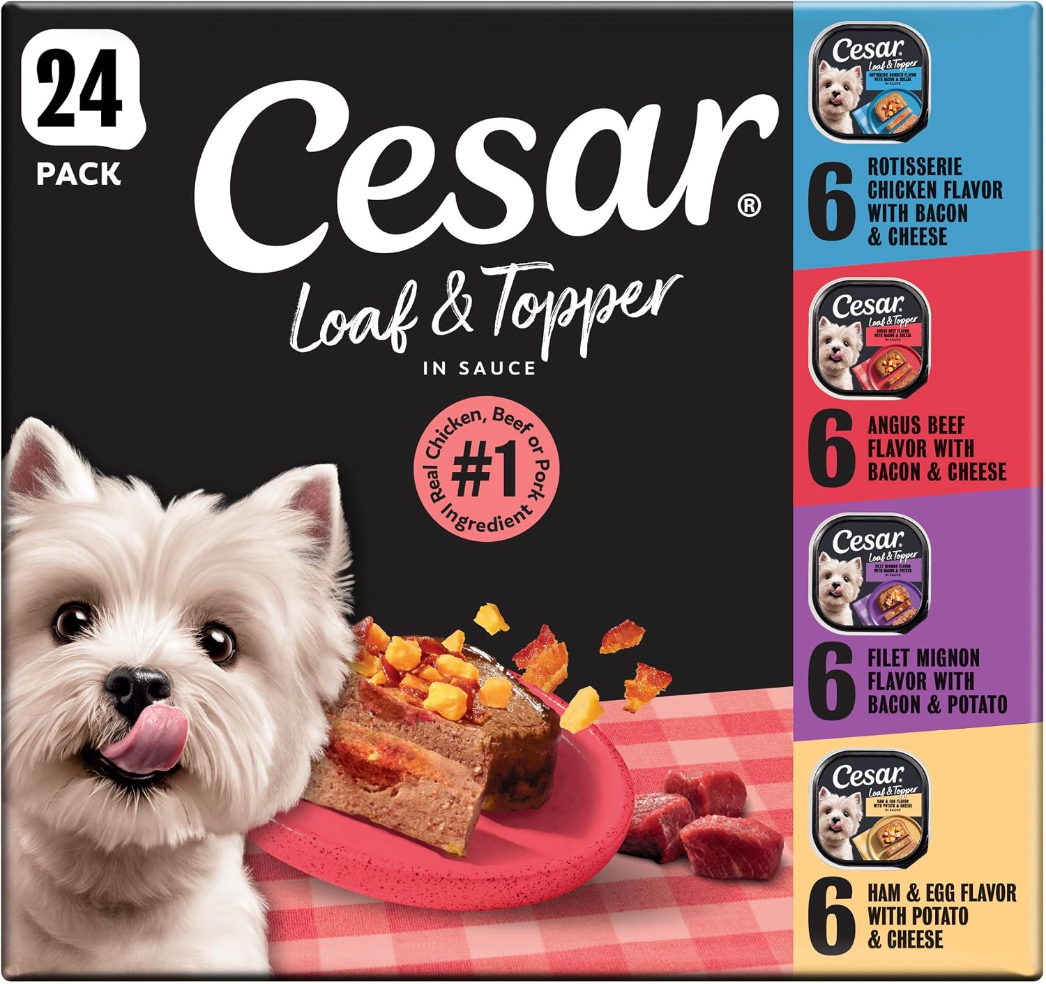 Cesar Loaf & Topper Wet Dog Food, Variety Pack, 3.5 oz, 24 Count | Real meat #1 ingredient, no fillers or artificial flavors, easy-to-digest, slow-cooked tender texture, easy peel trays
