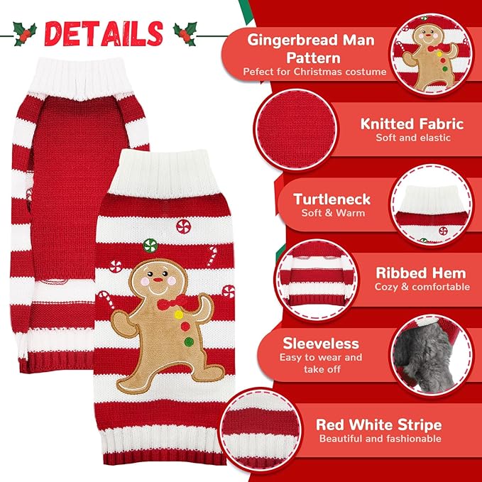 Dog Christmas Sweater Xmas Pet Clothes Cute Striped Gingerbread Man Costume Holiday Puppy Cat Jumpers Outfits New Year Gifts for Small Medium Large Dogs(Red Gingerbread Man,XXS)