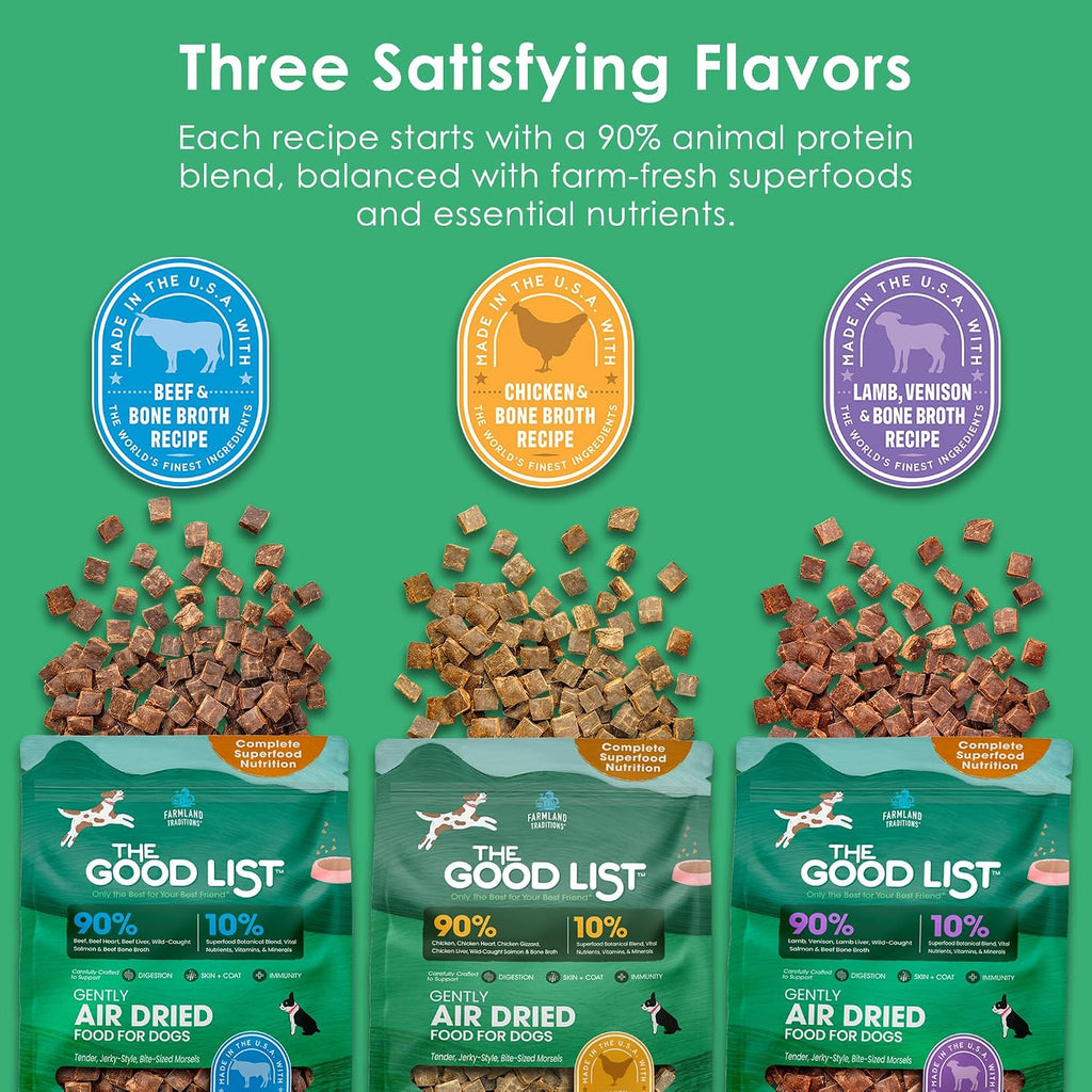 Farmland Traditions The Good List Air-Dried Dog Food, Premium Beef & Bone Broth for Dogs, Protein Rich & Grain-Free Nutrition, 1 Pound Bag