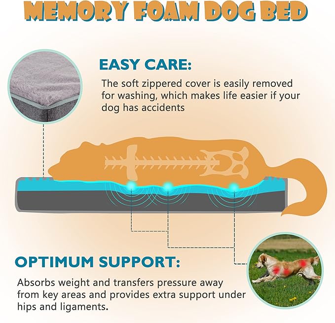 Memory Foam Large Dog Bed, Cooling Dog Beds for Large Dogs, Washable Orthopedic Pet Bed for Crate with Joint Relief Memory Foam, Waterproof Liner and Plush Cover (35’’x 22’’)