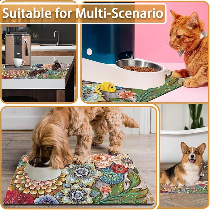 Absorbent Pet Dog Bowl Mat for Food and Water, Pet Cat Food Feeding Mat with Non Slip Rubber Backing, Dog Food Mats for Floors Waterproof, 17"x30"