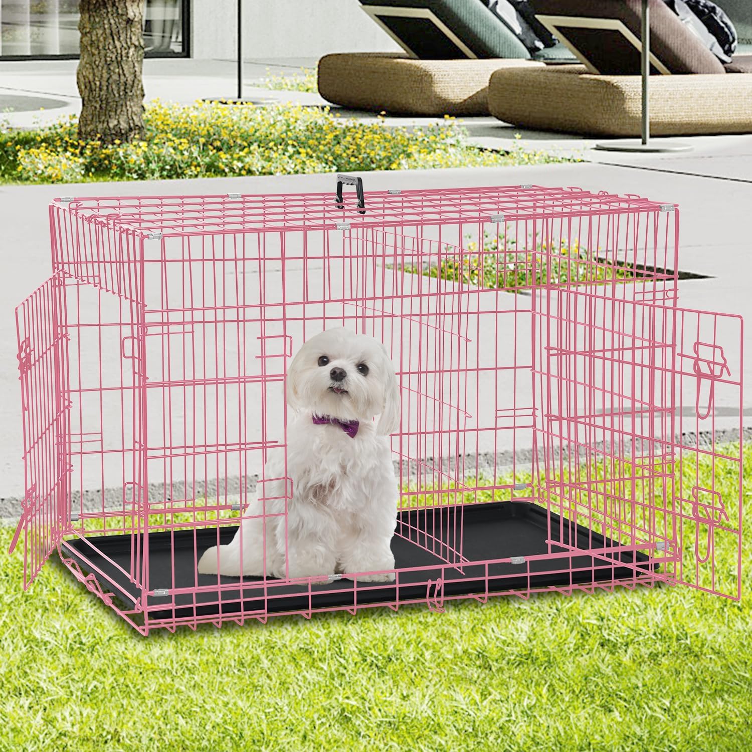 Dog Crate for Large Medium Small Dogs, Folding Dog Kennel Cage with Plastic Tray & Divider 48"/42"/ 36"/ 30"/ 24" Indoor Outdoor Metal Double Door Heavy Duty Dog Pen Enclosure, Pink(24 Inch)