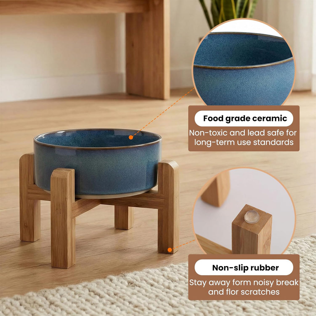 hjn Elevated Ceramic Dog Bowl with Bamboo Stand, Raised Pet Feeding Station for Small Medium Dogs Cats, Modern Design with Anti-Slip Base (Deep Blue, 3.6Cup)