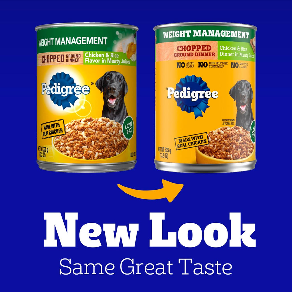 Pedigree Chopped Weight Management Wet Dog Food, Chicken, 13.2oz, 12 Count | Real chicken #1 ingredient, low fat, 100% complete & balanced, made in USA, use as topper or serve alone, low fat