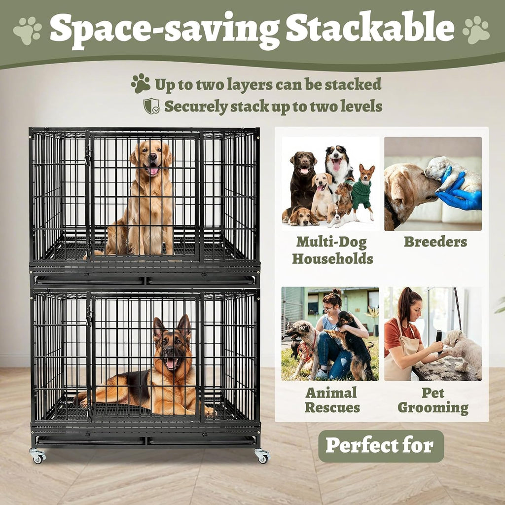 Heavy Duty Large Dog Crates for Large Dogs with Wheels, 47 Inch Metal Wire Stackable Dog Crate Cage with 2 Removable Trays, Multi Locks, Chew Proof Escape Proof Dog Kennel Indoor