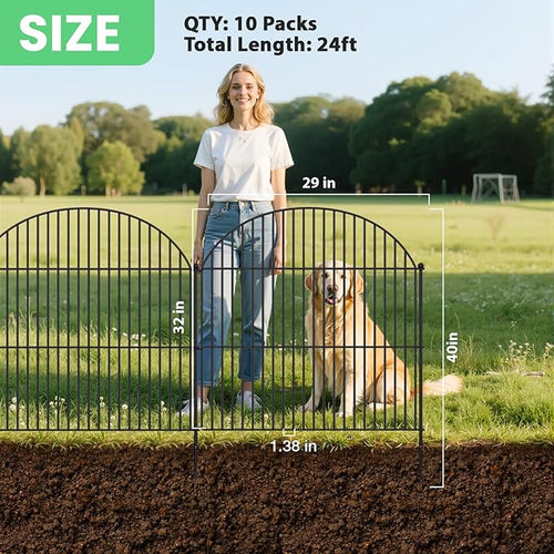 10Pcs No Dig Garden Fence, 32in(H)/24ft(L) Rustproof Metal Dog Fence Outdoor for Yard, Tall Animal Barrier Pet Fencing, Border Panel for Dog, Rabbits, Patio, Flower Bed, Garden Decor