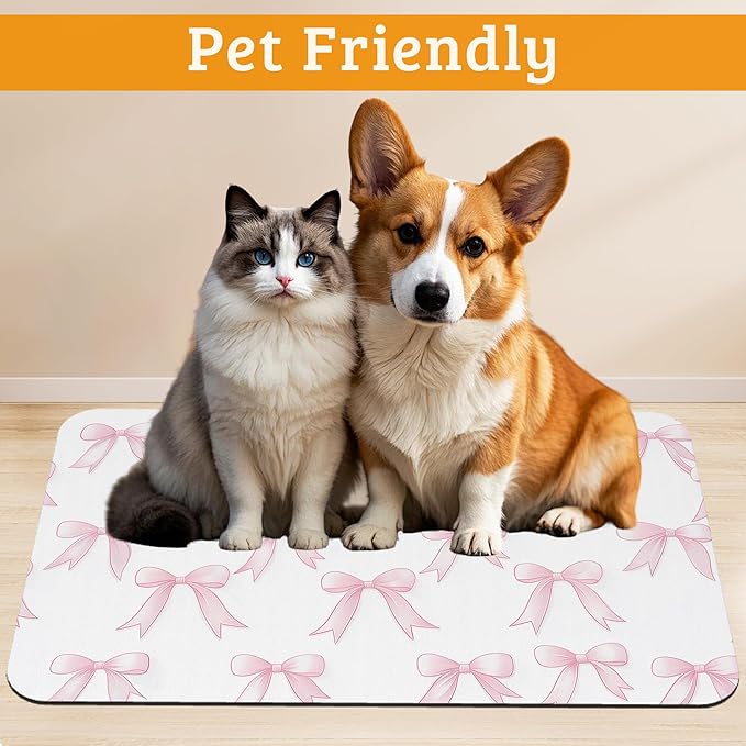 Pet Feeding Mat,Pink Bows Absorbent Dog Cat Food Mat Cute Dog Mat with Rubber Backing,Non-Slip Water Bowl Placemat,Pet Supplies 16" x 24"