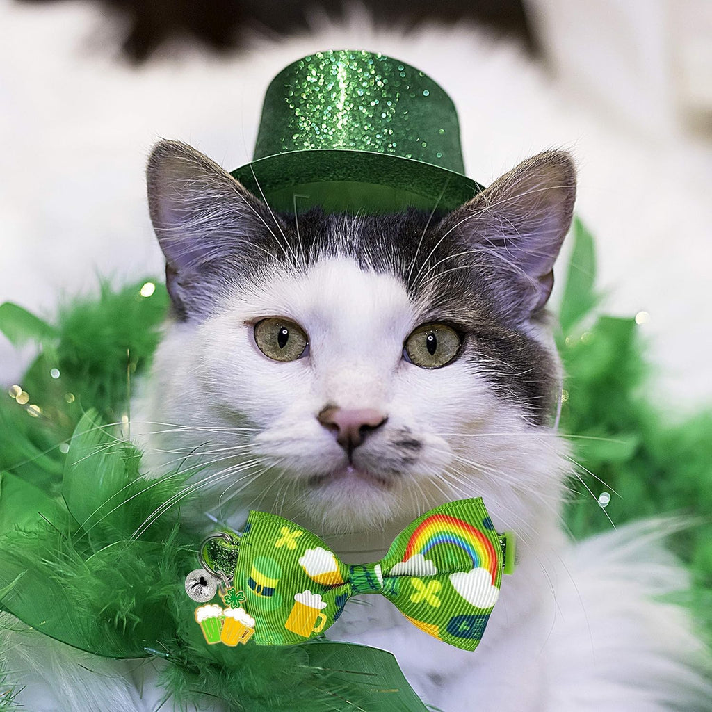 St. Patrick's Day Cat Collar with Bow Tie and Bell, Adjustable Breakaway Shamrock and Rainbow Kitty Collar, Holiday Accessories for Cats and Kittens, Boys and Girls