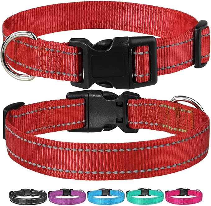 Reflective Dog Collar with Buckle Adjustable Safety Nylon Collars for Small Medium Large Dogs, Red S