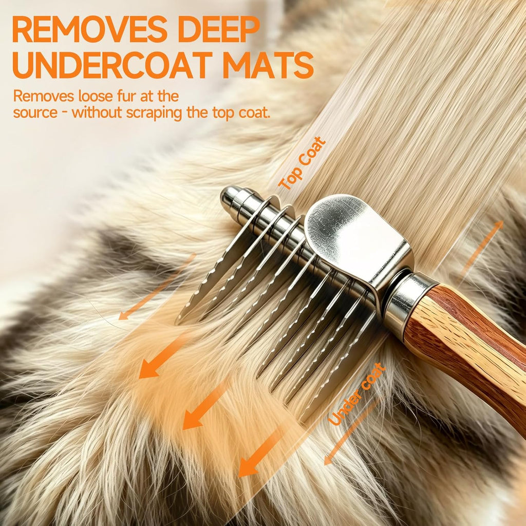 Pet Dematting Comb with Bamboo Handle, Dog Cat Grooming Brush for Removing Mats, Knots, Tangles & Loose Fur, Stainless Steel Undercoat Rake for Long & Short Haired Pets
