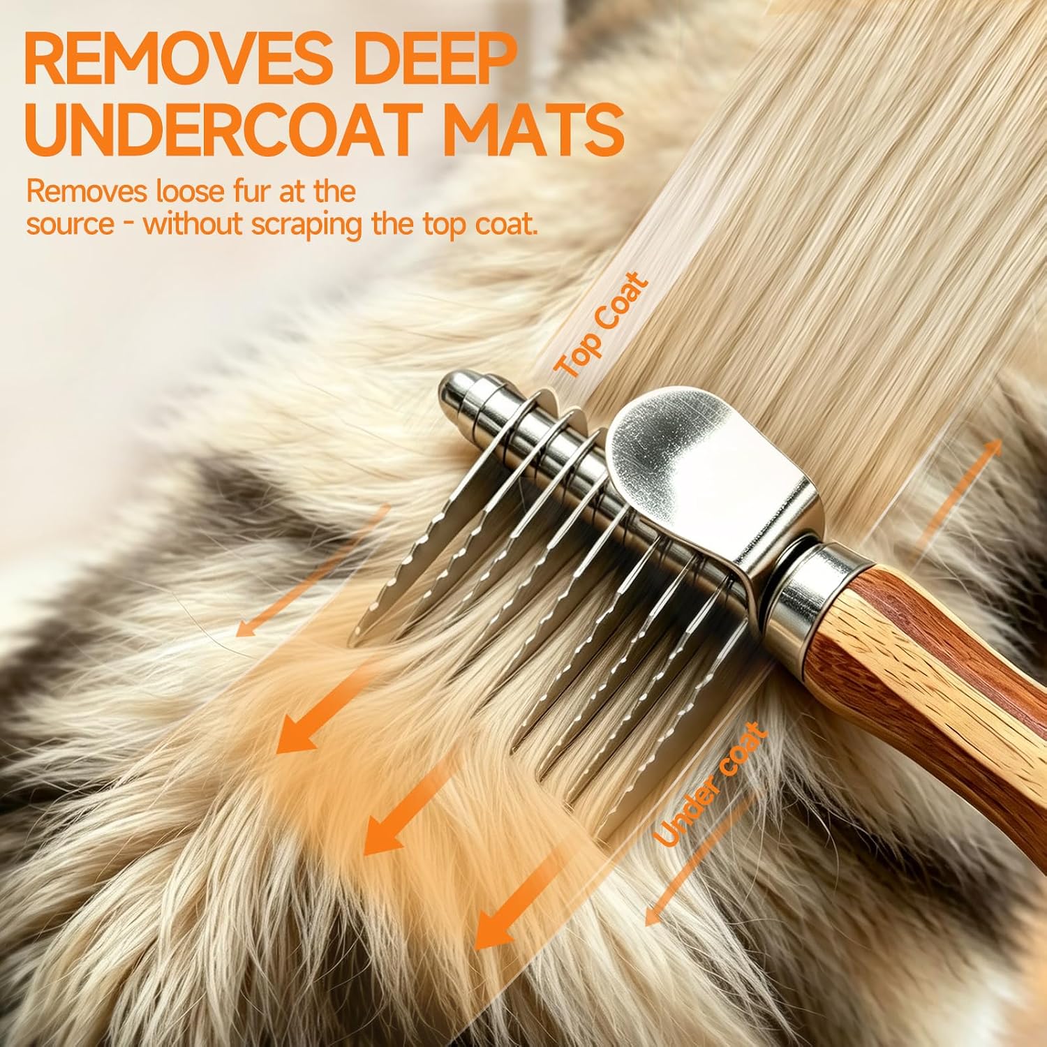 Pet Dematting Comb with Bamboo Handle, Dog Cat Grooming Brush for Removing Mats, Knots, Tangles & Loose Fur, Stainless Steel Undercoat Rake for Long & Short Haired Pets