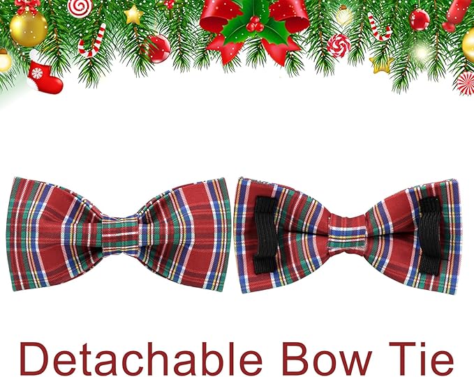 Christmas Plaid Dog Collar with Bow, Red and Blue Check Adjustable Pet Collar with Quick Release, Christmas Stripes Bowtie Collar for Small Medium Large Dogs XL
