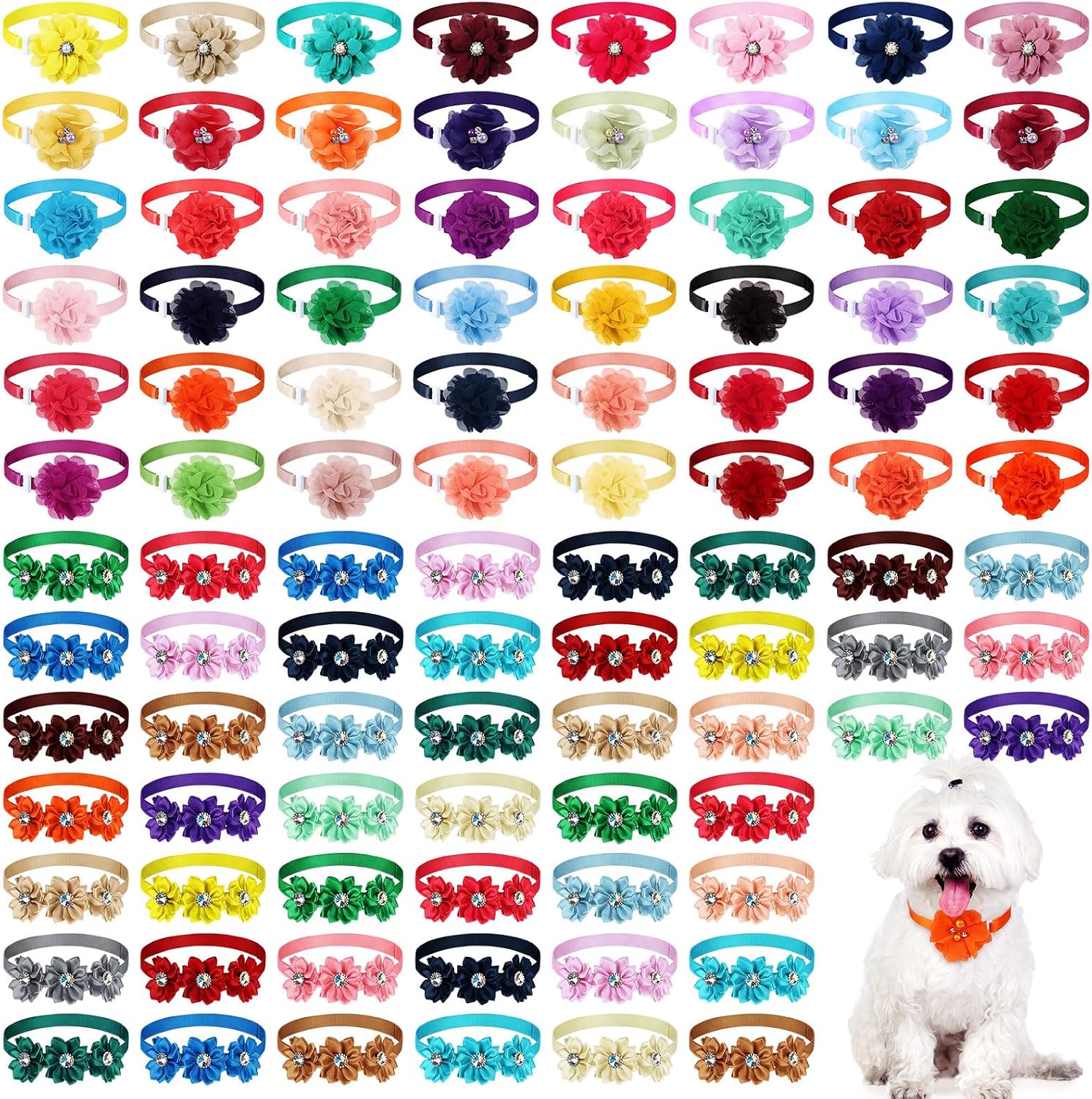 Reginary 100 Pcs Flowers Dog Collar Bulk Summer Floral Pet Bowtie Adjustable Nylon Multicolor Cat Accessory for Small Pets Dog Cat