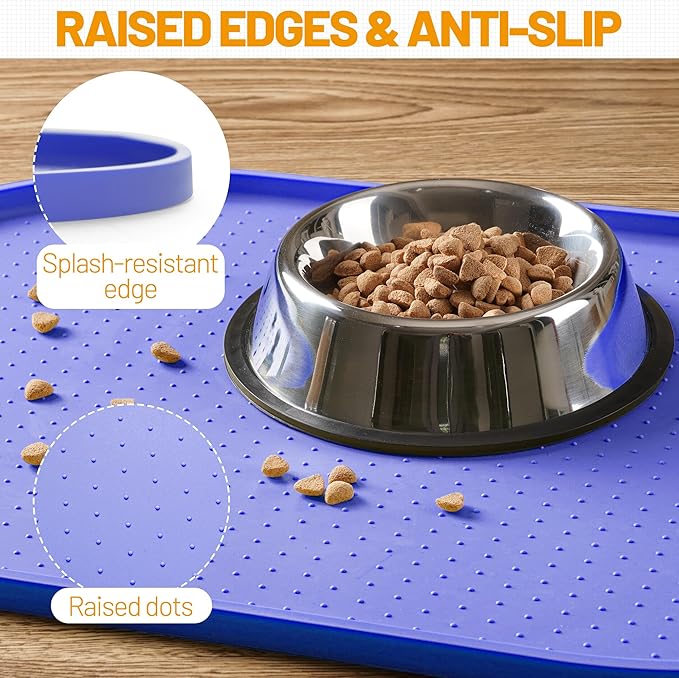 Hubulk 100% Waterproof Silicone Pet Feeding Mat with Raised Edge for Food and Water, Dog Bowl Mats, Cat Bowls Placemat with High Lip Protects Floor for Cats and Dogs (Purple, 19" L x 12" W)