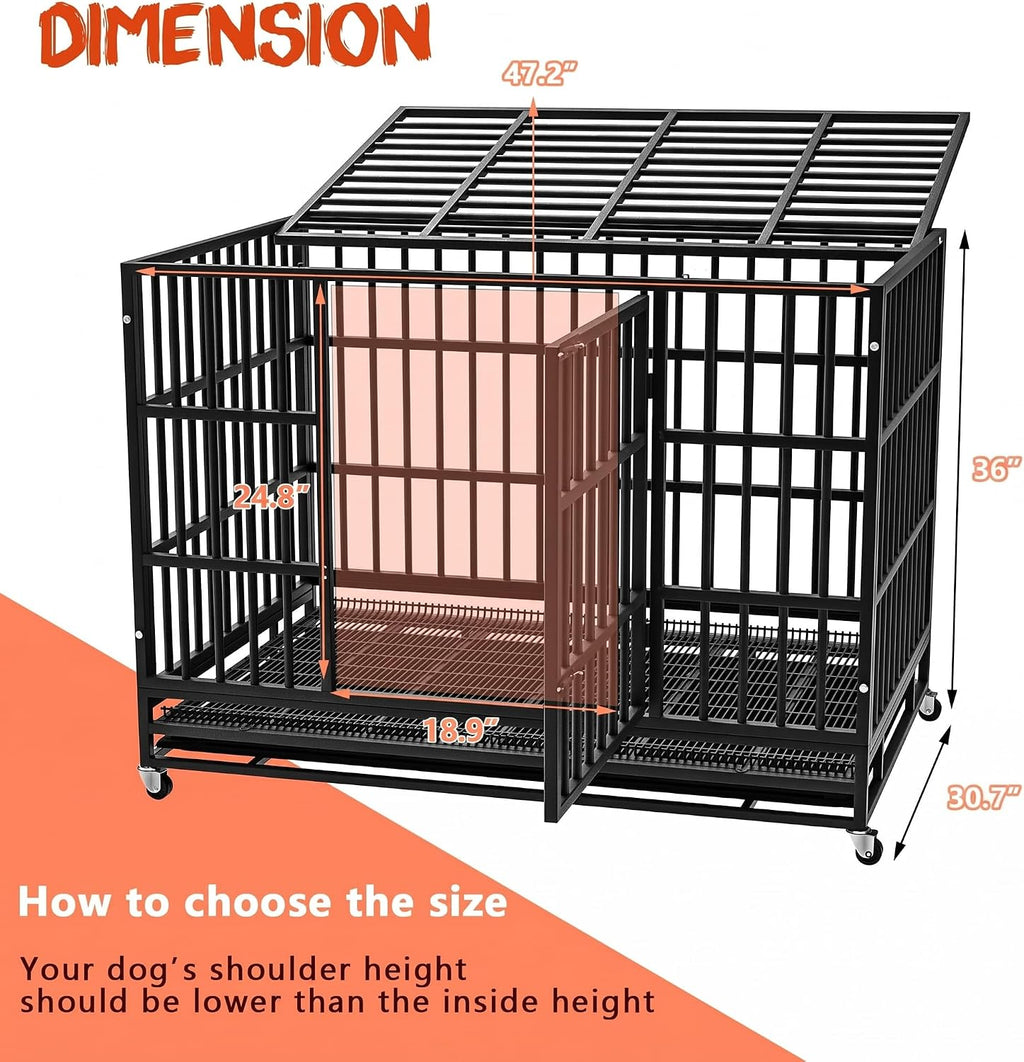 LEMBERI 48" Heavy Duty Dog Crate for Large Dogs, Black | Indestructible escape-proof cage kennel for high anxiety dogs, with removable wire trays & lockable wheels