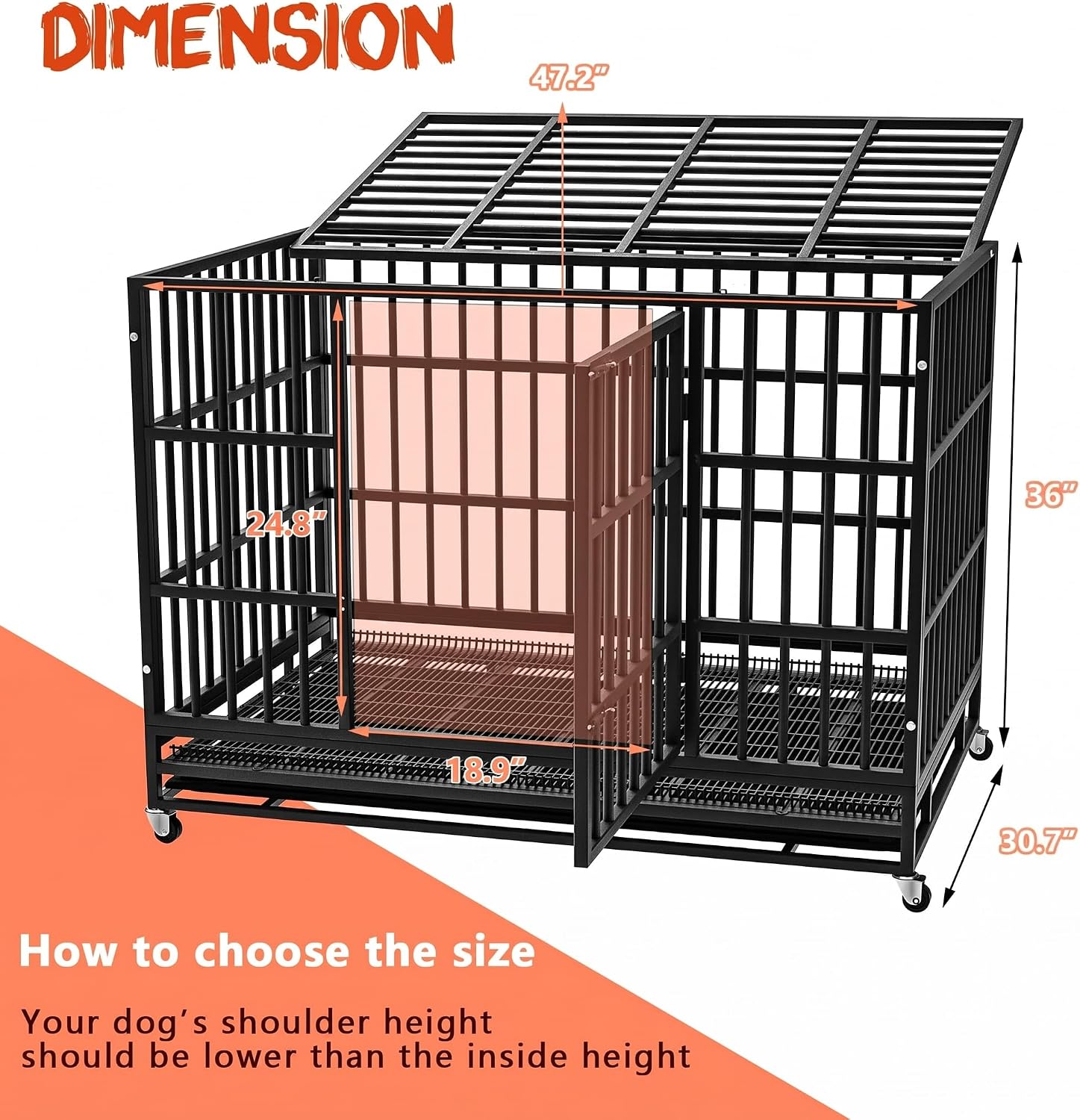 LEMBERI 48" Heavy Duty Dog Crate for Large Dogs, Black | Indestructible escape-proof cage kennel for high anxiety dogs, with removable wire trays & lockable wheels