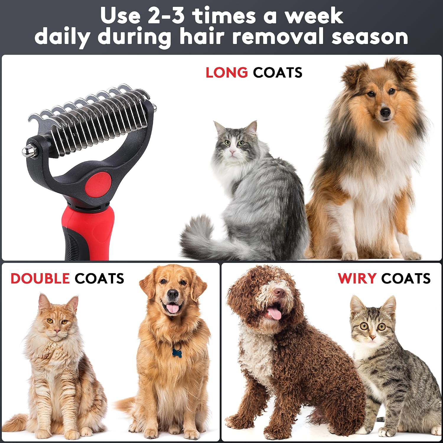 Tpotato Deshedding Dog Brush for Long Haired Dogs Cats,Undercoat Shedding Rake for Dematting Detangling Tangles Matted Fur and Knots,Metal Pet Comb,Professional Pet Grooming Supplies Tool Kit,Red