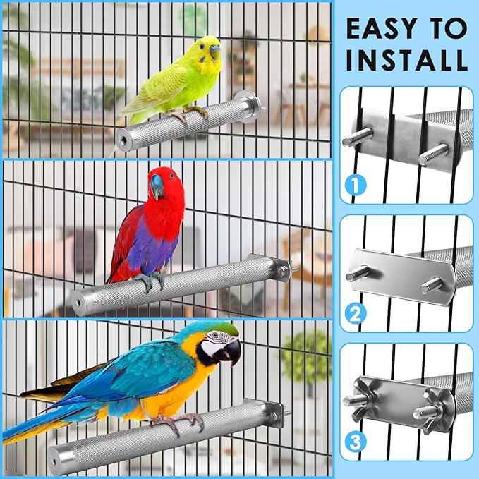 KATUMO Parrot Perch - Stainless Steel African Grey Perch Bird Cage Accessories for Small to Large Parrots (11.8 x 1.2 inch)