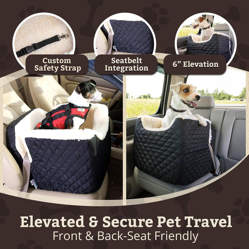 Snoozer Lookout I Car Seat - Dog Car Seats for Small Dogs, Puppy Booster Bed for Small & Medium Sized Pets Up to 25 Lbs, Elevated, Washable - Medium, Black Quilted | Dog booster car seat, Elevated view helps alleviate travel sickness & fear, Removable