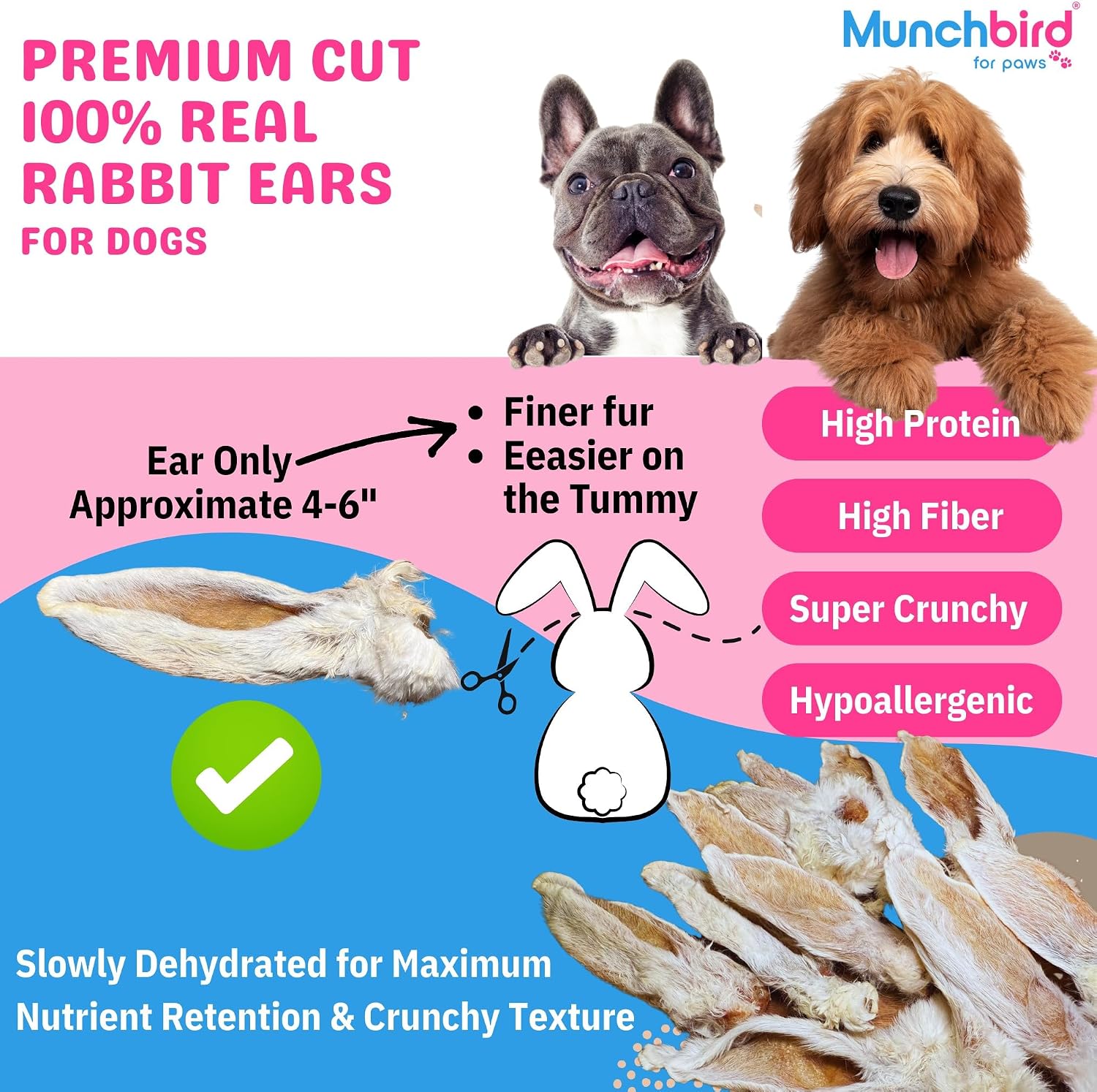 Munchbird Dehydrated Rabbit Ears 100g (3.5 oz) 12-15 pcs for Dogs, European Furry Rabbit Ear Natural Fiber for Pets, Rawhide Free Alternative to Pig Ears Dog Treats, Ear Size Varies