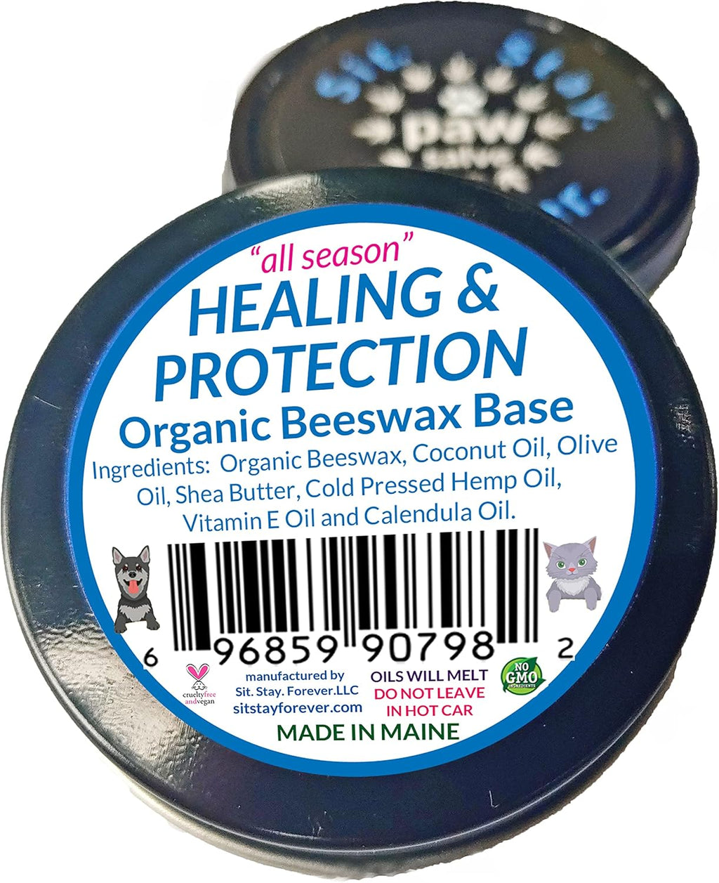Sit Stay Forever Organic Paw Salve for Dogs & Cats, 2 oz. tin, All Season Paw Protection, Healing, Moisturizing and Repairing Paw Health, for Cracked, Dried, Injured Feet and Noses.