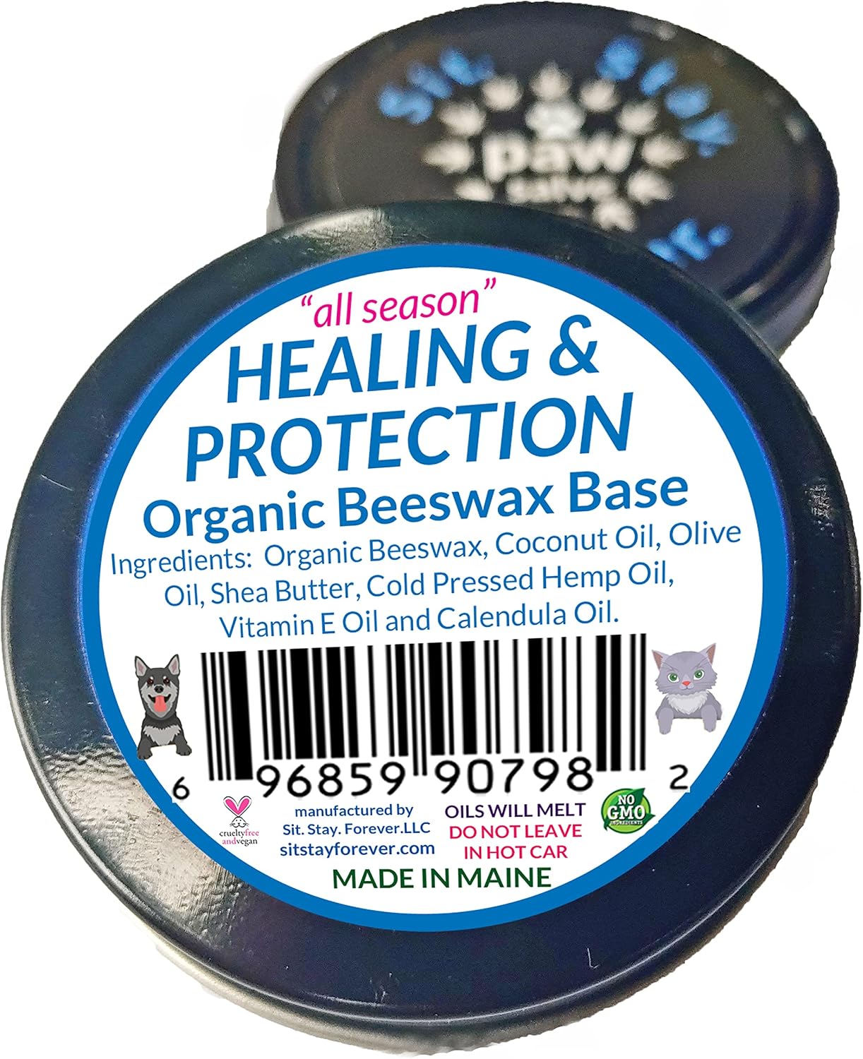 Sit Stay Forever Organic Paw Salve for Dogs & Cats, 2 oz. tin, All Season Paw Protection, Healing, Moisturizing and Repairing Paw Health, for Cracked, Dried, Injured Feet and Noses.