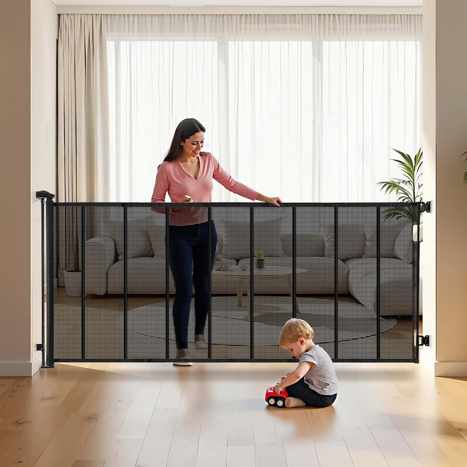 VEVOR Retractable Baby Gate, Extends to 202.7 inch Extra Wide, 39 inch Tall, with Reinforced Fiberglass Strips, Avoids Crawling Through, Mesh Dog Gate for Decks, Doorways, Garages, Indoor, Black