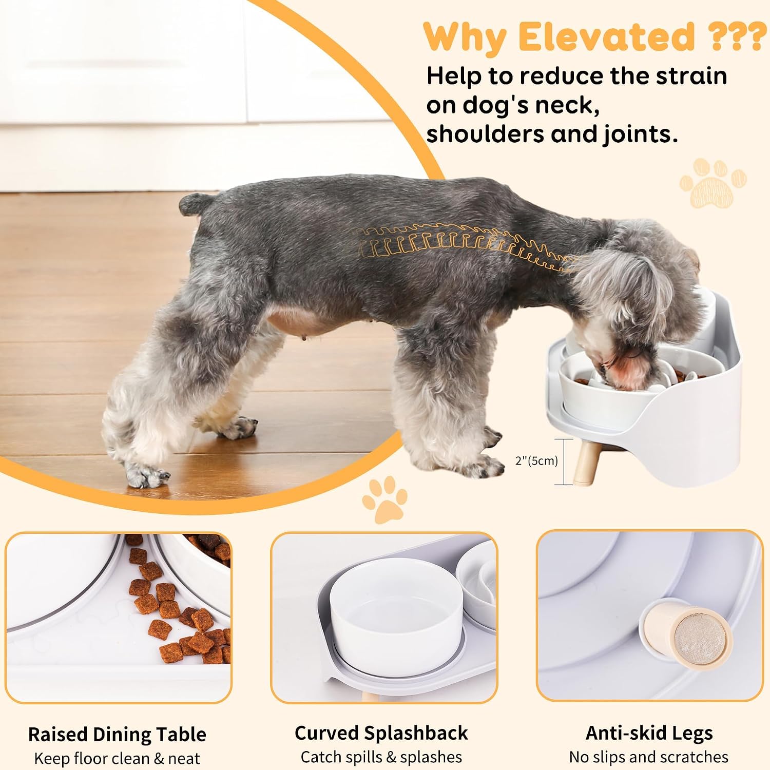 Elevated Slow Feeder Dog Bowls with Splash Proof Stand, Slow Eating 5X | 6.5″ Dog Slow Feeding Bowls & 6.1″ Dog Food Dish, Non-Slip Raised Food and Water Bowl Set for Small and Medium Breeds, White