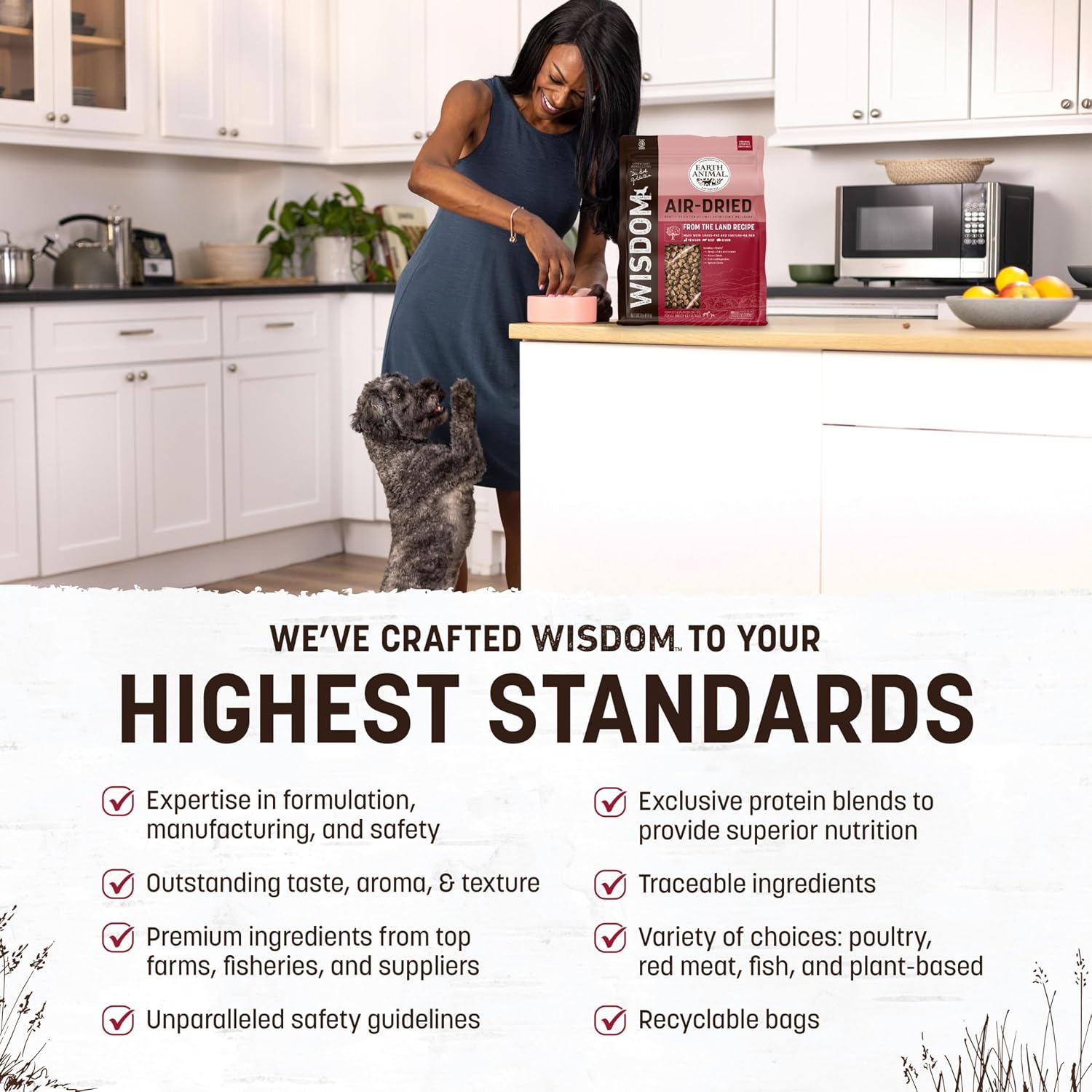 Earth Animal Wisdom Air Dried Dog Food - from the Land Recipe - 2 Lbs Bag | Premium Natural Dry Dog Food for All Breeds & Ages - From the Land Recipe (Beef, Venison, Bison) 2 Lbs Bag