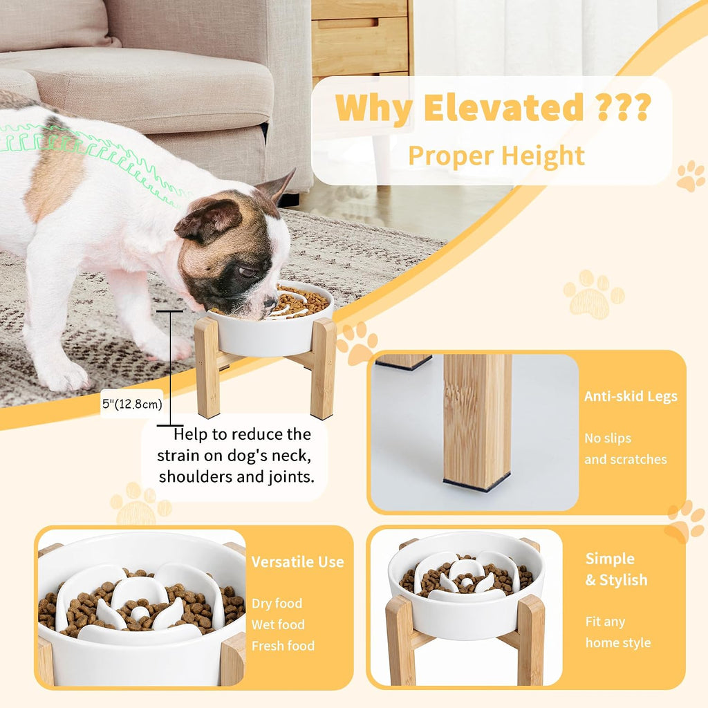 Elevated Slow Feeder Dog Bowl, 6.7" Ceramic Maze Dog Bowl with Stand | 1.5 Cups Slow Feeding Dog Dish for Fast Eaters, 5" Tall Anti-Slip Raised Slow Feeder for Small and Medium Breeds, White
