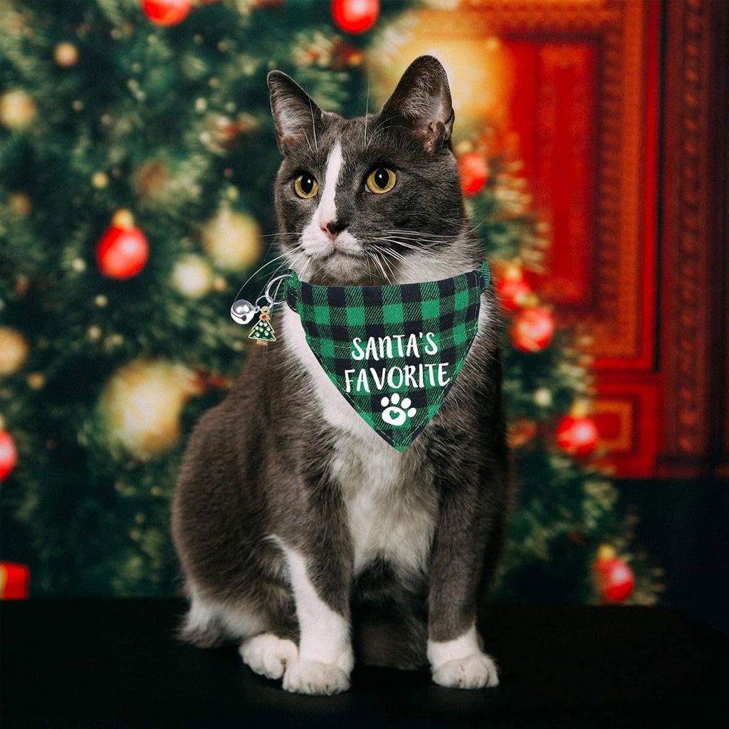 STMK 2 Pack Christmas Cat Bandana Collar with Bell, Breakaway Holiday Cat Kitten Bandana Collar with Bell for Cats Costumes Outfits (Merry Meowmas & Santa's Favorite)